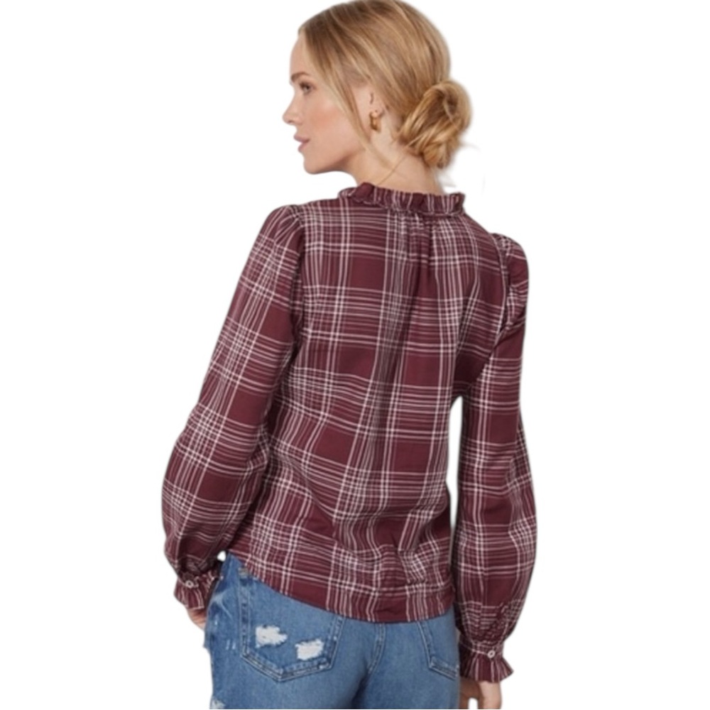 EVEREVE Lillian Plaid Ruffle Button Down Shirt Maroon Size Small—NWOT - Picture 5 of 7